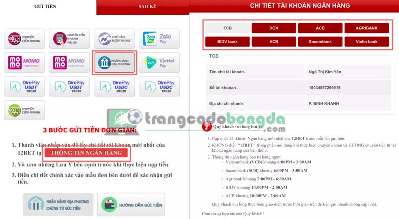 Hướng dẫn nạp tiền 12Bet an toàn chính xác nhất 8 Bước 2: Lấy số tài khoản của 12bet và thực hiện chuyển khoản
