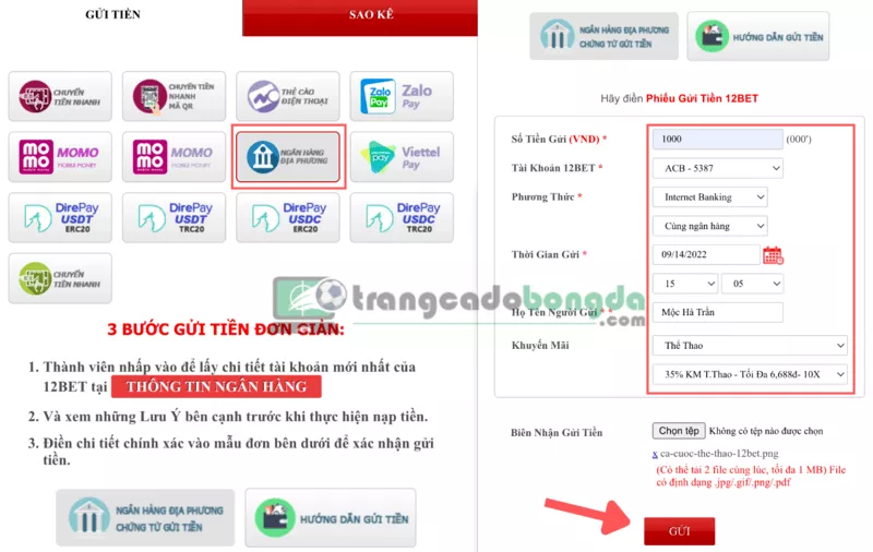 Hướng dẫn nạp tiền 12Bet an toàn chính xác nhất 9 Bước 3: Nhập thông tin và hoàn tất việc gửi tiền