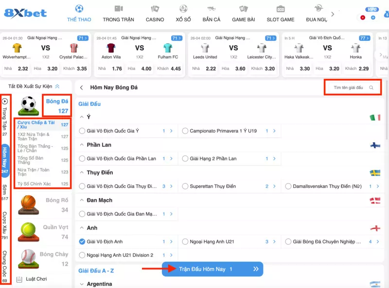 Trang bóng đá 8xBet cá độ - Cách cá cược bóng đá 8xBet chi tiết 11 Chọn giải đấu và trận đấu muốn chơi