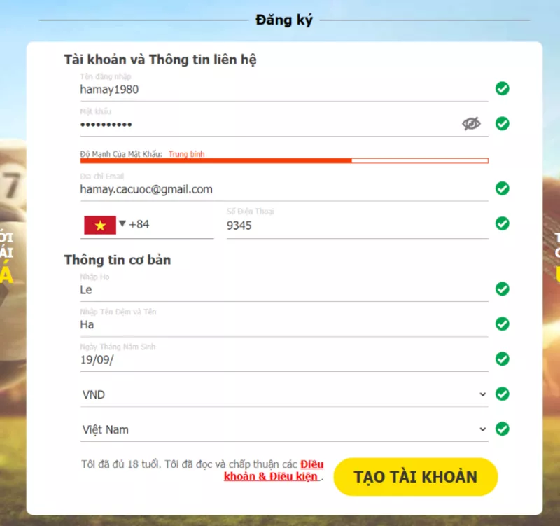 Hướng dẫn đăng ký Dafabet mới nhất chưa đến 5 phút 8 Điền thông tin đăng ký Dafabet