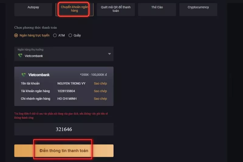 Nạp tiền K8 lên tài khoản cá cược cực nhanh cho người mới 13 Nạp tiền K8 qua chuyển khoản ngân hàng