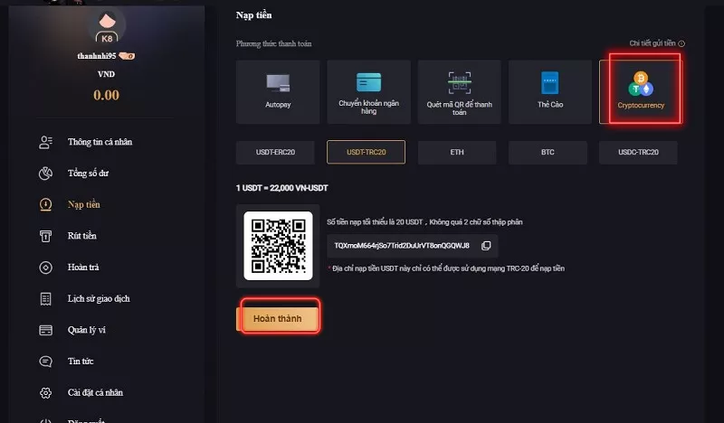 Nạp tiền K8 lên tài khoản cá cược cực nhanh cho người mới 17 Nạp tiền K8 qua crypto