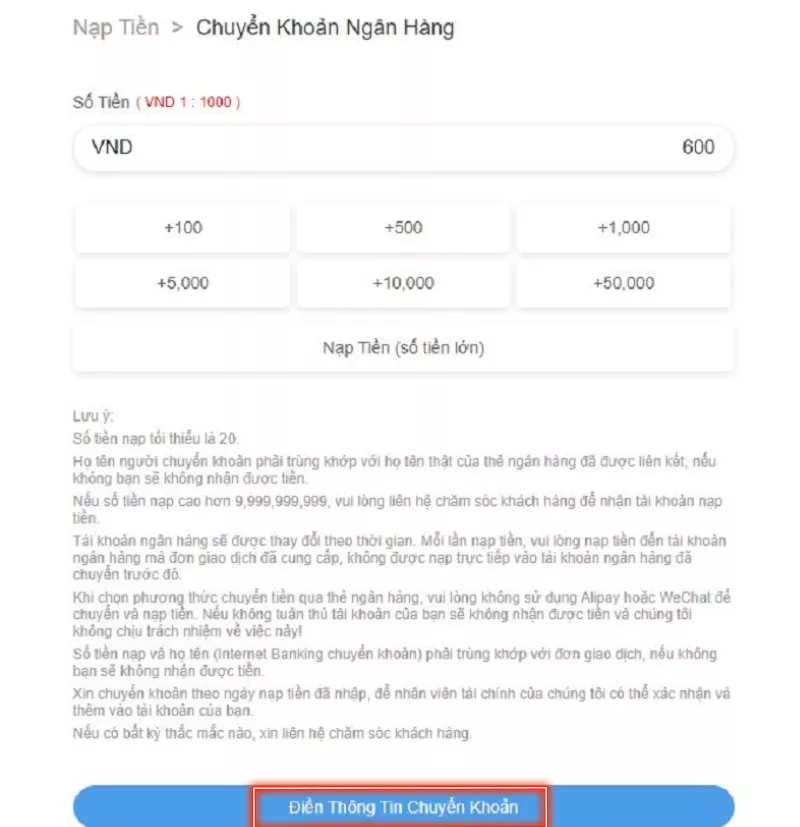 Hướng dẫn nạp tiền 8xBet tiện lợi chỉ 5 phút 13 nhập số tiền muốn nạp lên 8xBet