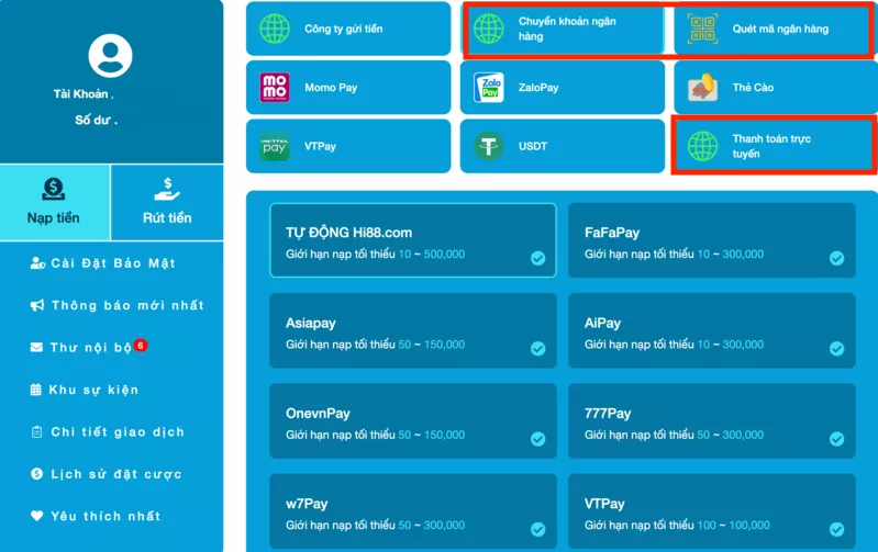 Nạp tiền Hi88 - Hướng dẫn chi tiết cách nạp tiền Hi88 cho bạn mới 22 Chọn hình thức nạp tiền Hi88 qua cổng thanh toán