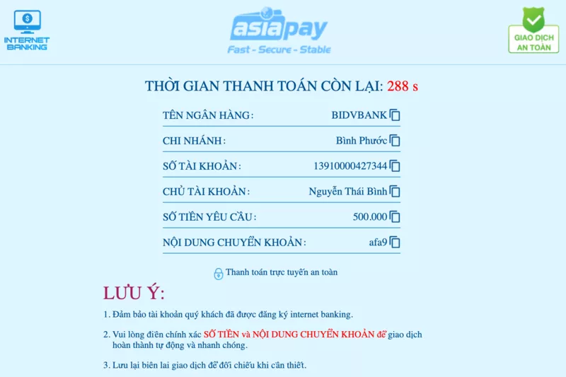 Nạp tiền Hi88 - Hướng dẫn chi tiết cách nạp tiền Hi88 cho bạn mới 24 Hoàn tất chuyển tiền Hi88 qua cổng thanh toán online