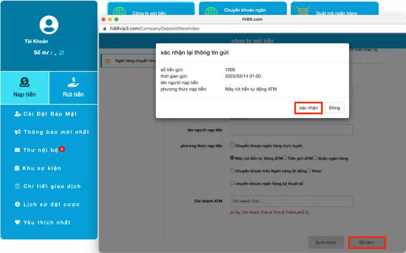 Nạp tiền Hi88 - Hướng dẫn chi tiết cách nạp tiền Hi88 cho bạn mới 21 Hoàn tất nạp tiền Hi88 qua chuyển khoản ngân hàng