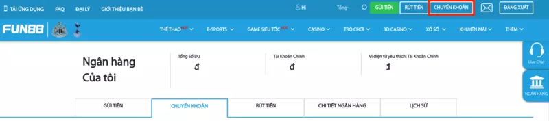Chuyển quỹ Fun88 - Hướng dẫn cách chuyển quỹ Fun88 chi tiết nhất 8 Truy cập trang chuyển quỹ Fun88