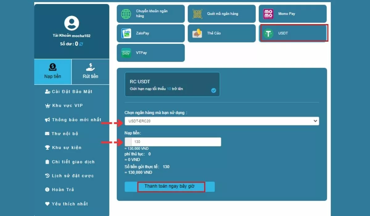 Hướng dẫn cách nạp tiền SHBET đảm bảo thành công 100% 21 Nạp tiền Shbet bằng USDT