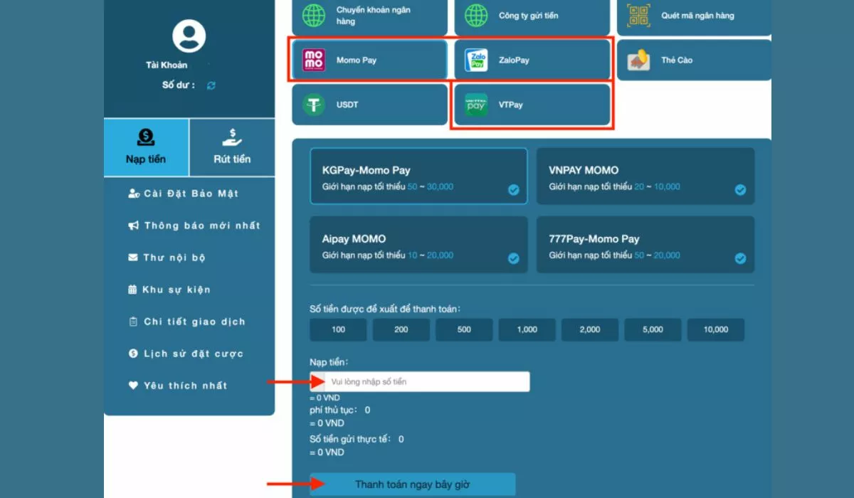 Hướng dẫn cách nạp tiền SHBET đảm bảo thành công 100% 17 Nạp tiền Shbet bằng ví điện tử
