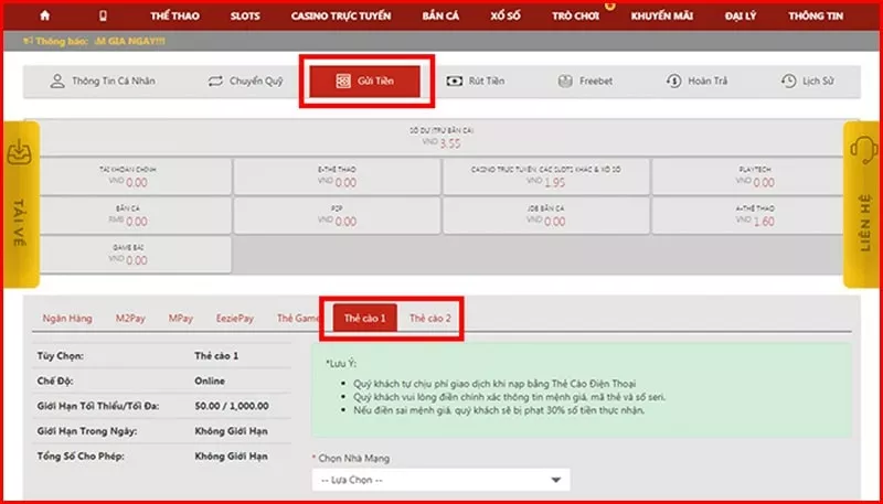 Hướng dẫn nạp tiền VN88 chi tiết và hiệu quả 15 Nạp tiền Vn88 qua thẻ cào