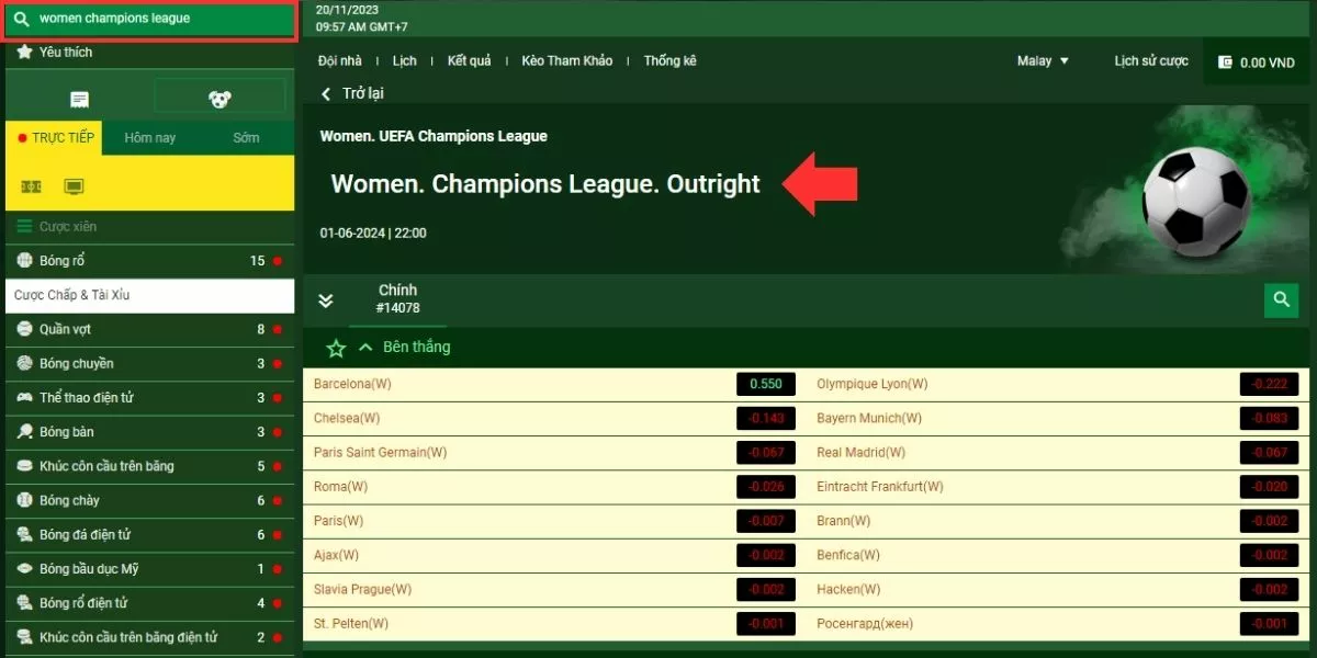 Hướng dẫn cá cược Women’s Champions League chuẩn nhất 14 Tìm sảnh chơi Women's Champions League