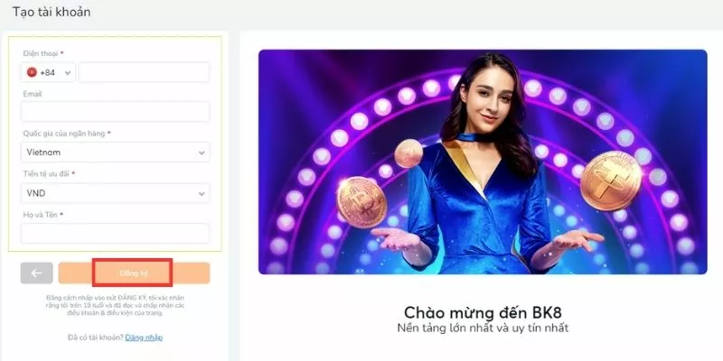 Hoàn tất thông tin đăng ký BK8